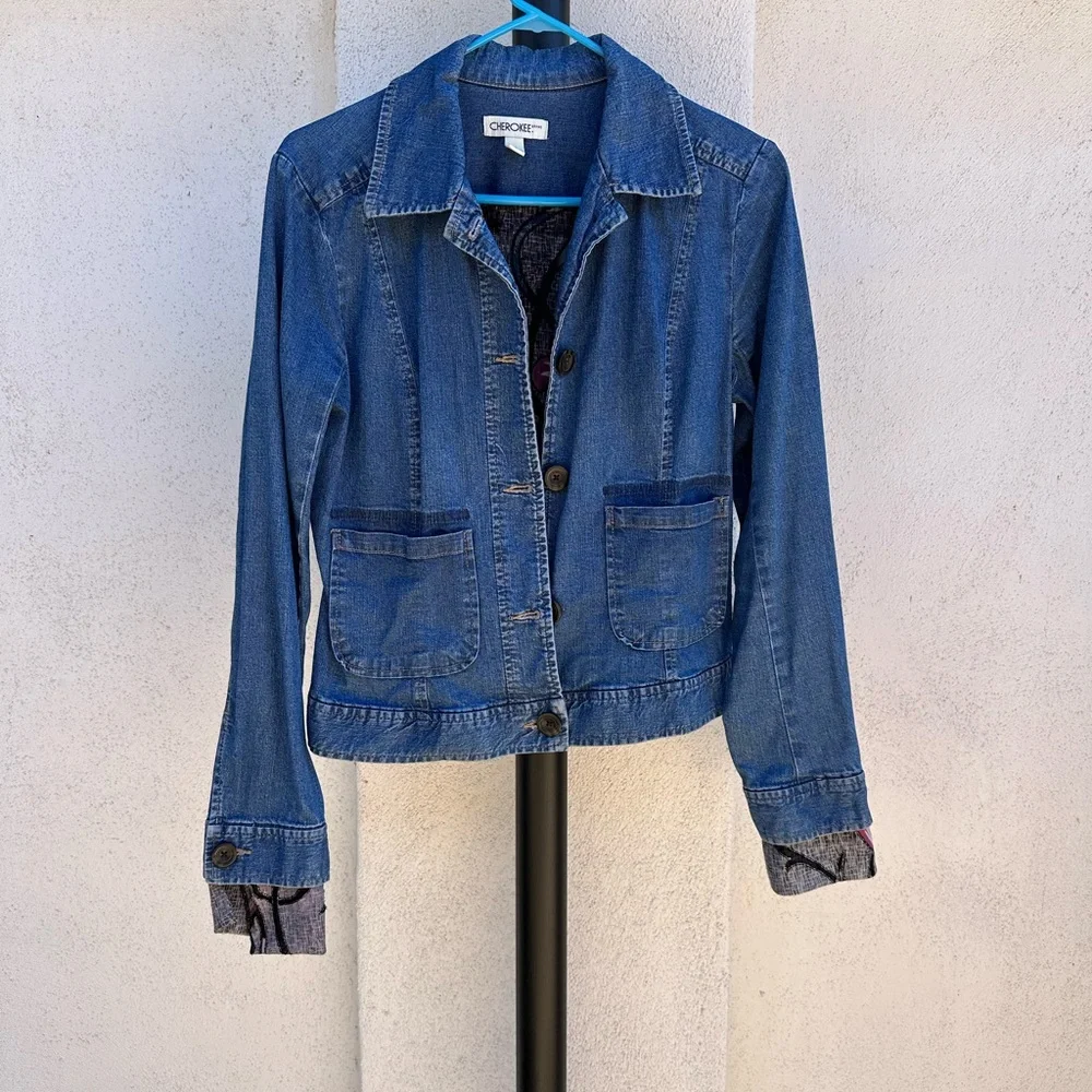 Cherokee Blue Jean Jacket with Pink Floral Embroidery - Picture 3 of 5